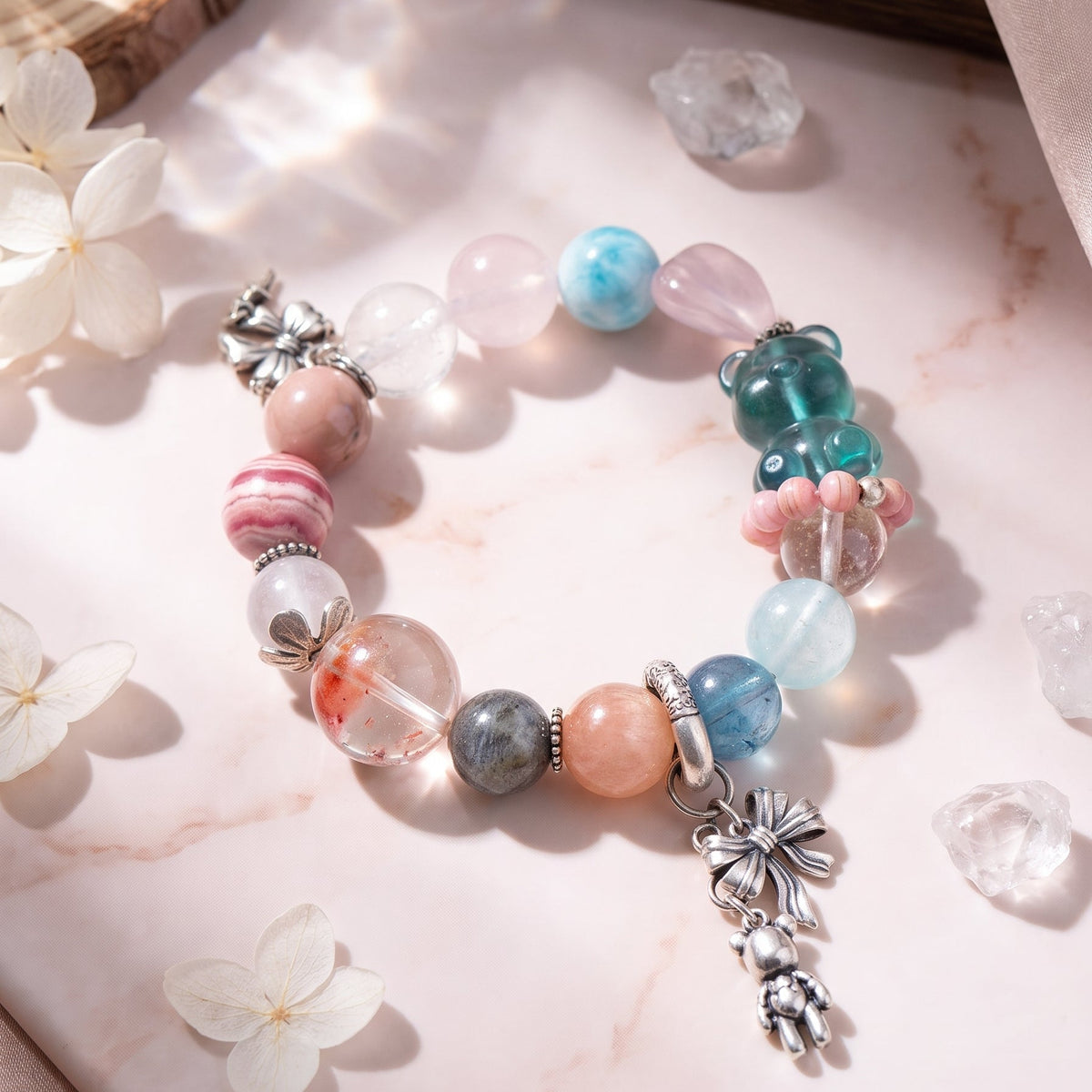 Dreamy Pastel "Bear & Bow" Mixed Gemstone Bracelet