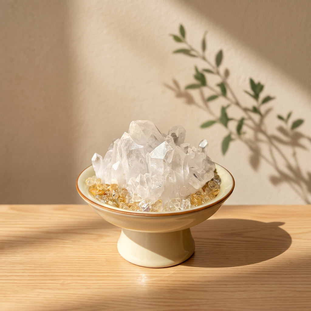 "Sunlit Clarity" Natural Clear Quartz Cluster with Citrine Base