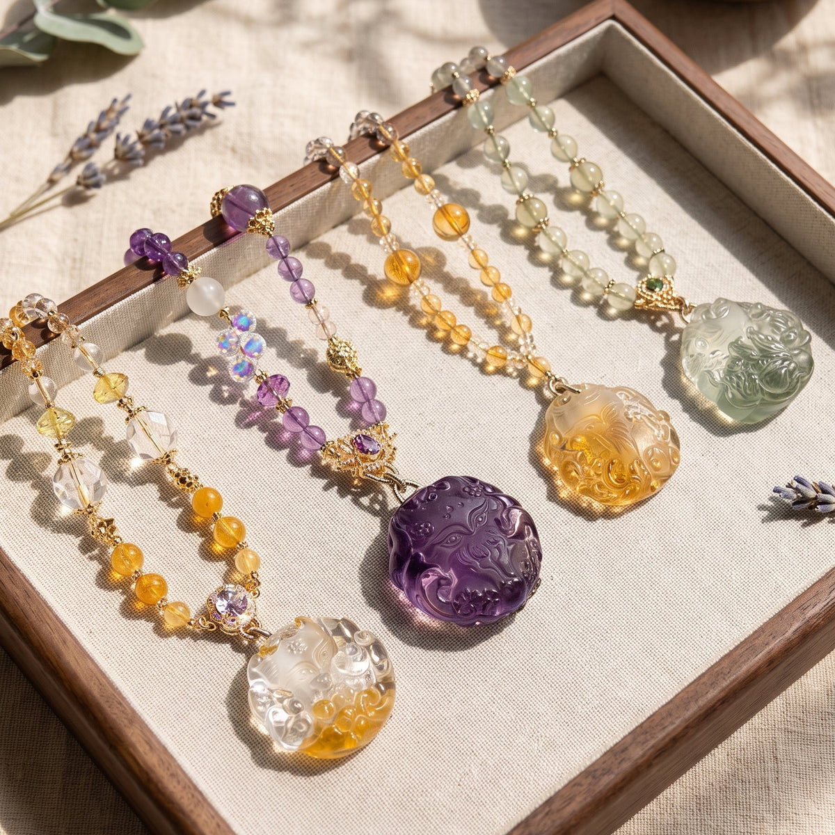 Amethyst, Citrine & Grape Stone Carved Pendants