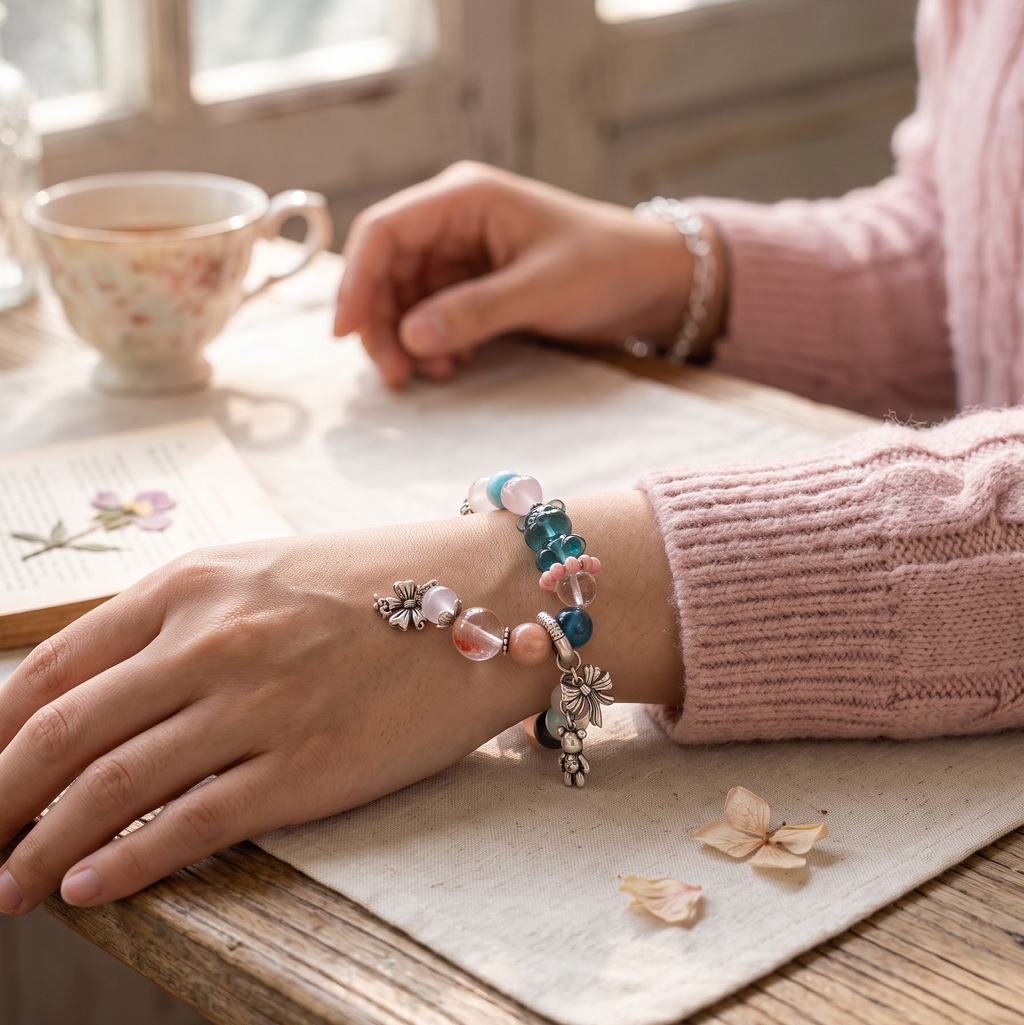 Dreamy Pastel "Bear & Bow" Mixed Gemstone Bracelet