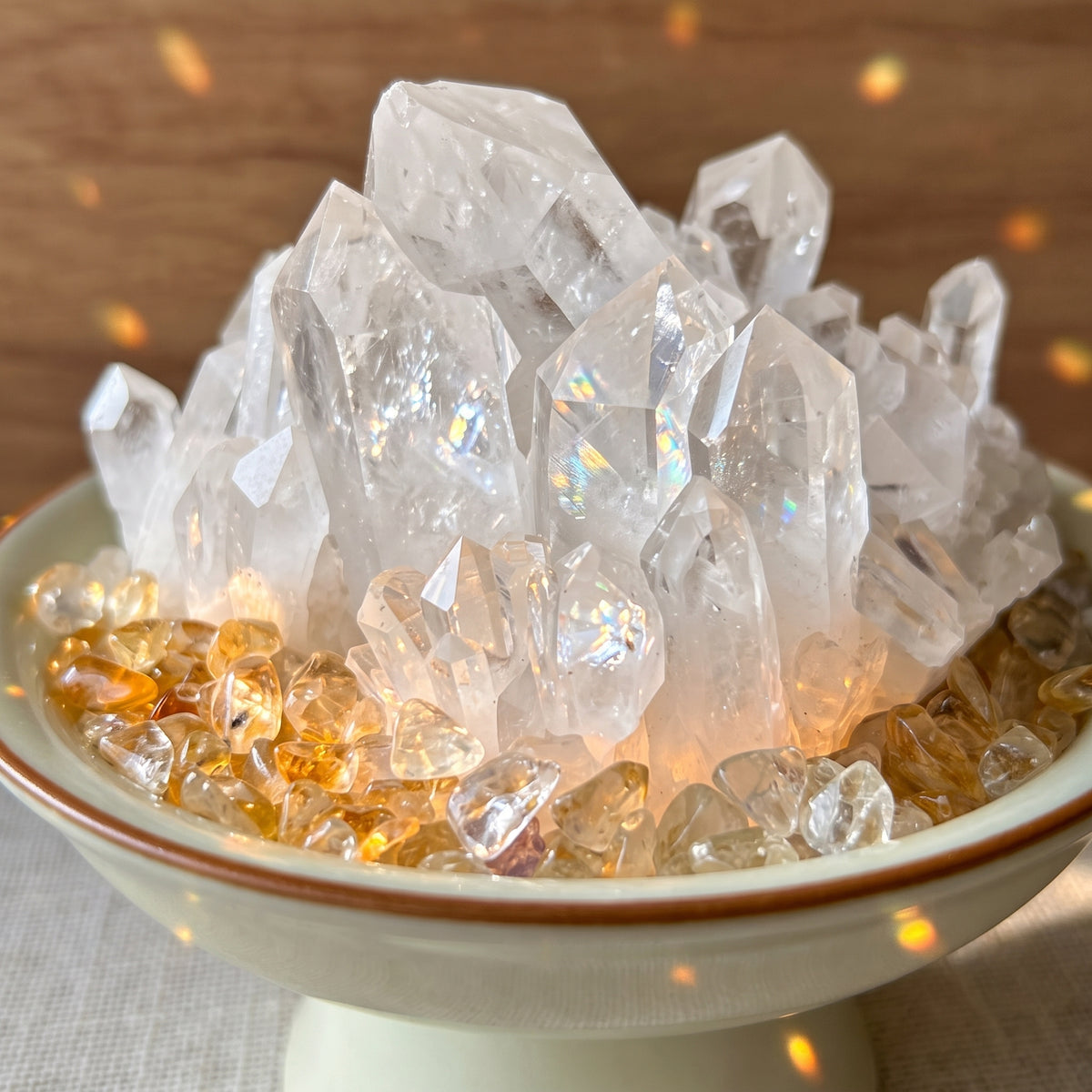 "Sunlit Clarity" Natural Clear Quartz Cluster with Citrine Base