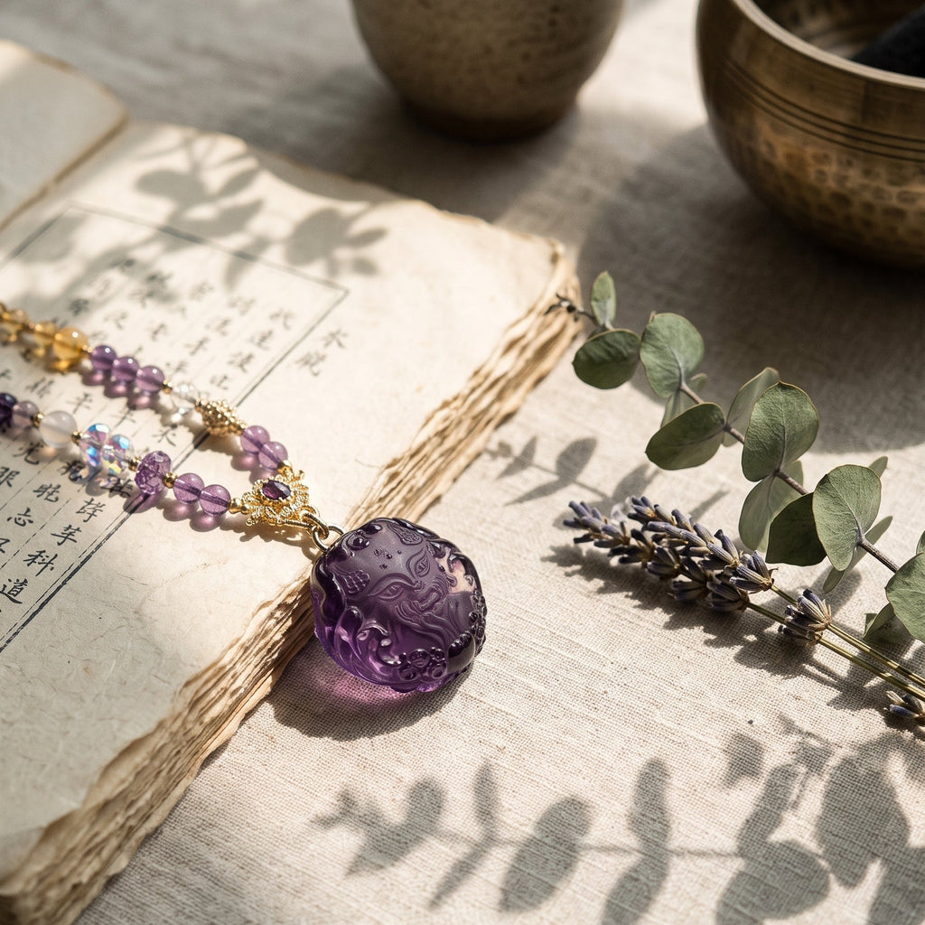 Amethyst, Citrine & Grape Stone Carved Pendants