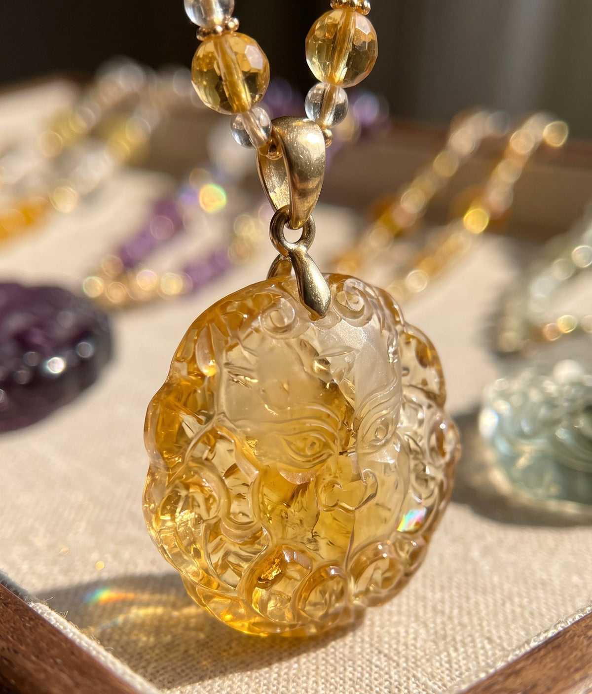 Amethyst, Citrine & Grape Stone Carved Pendants