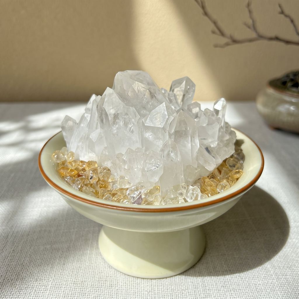 "Sunlit Clarity" Natural Clear Quartz Cluster with Citrine Base
