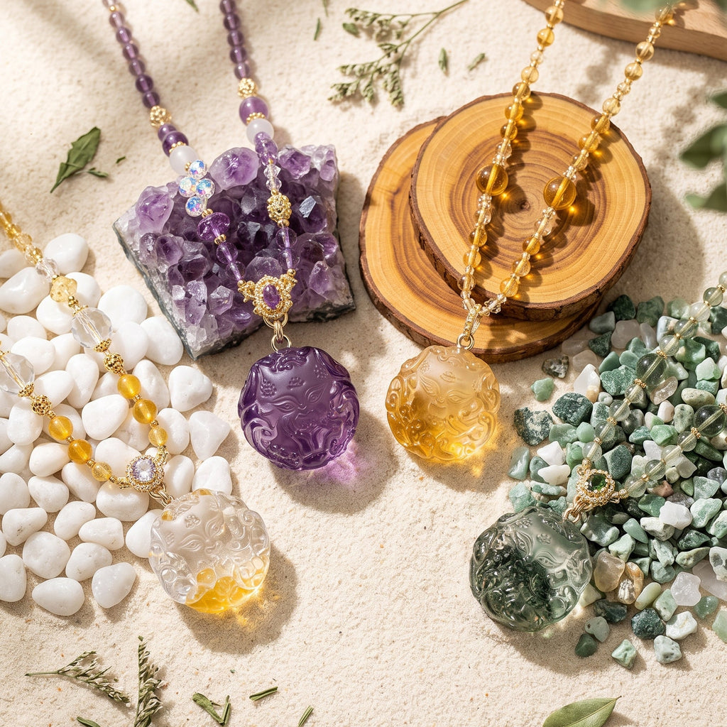 Amethyst, Citrine & Grape Stone Carved Pendants